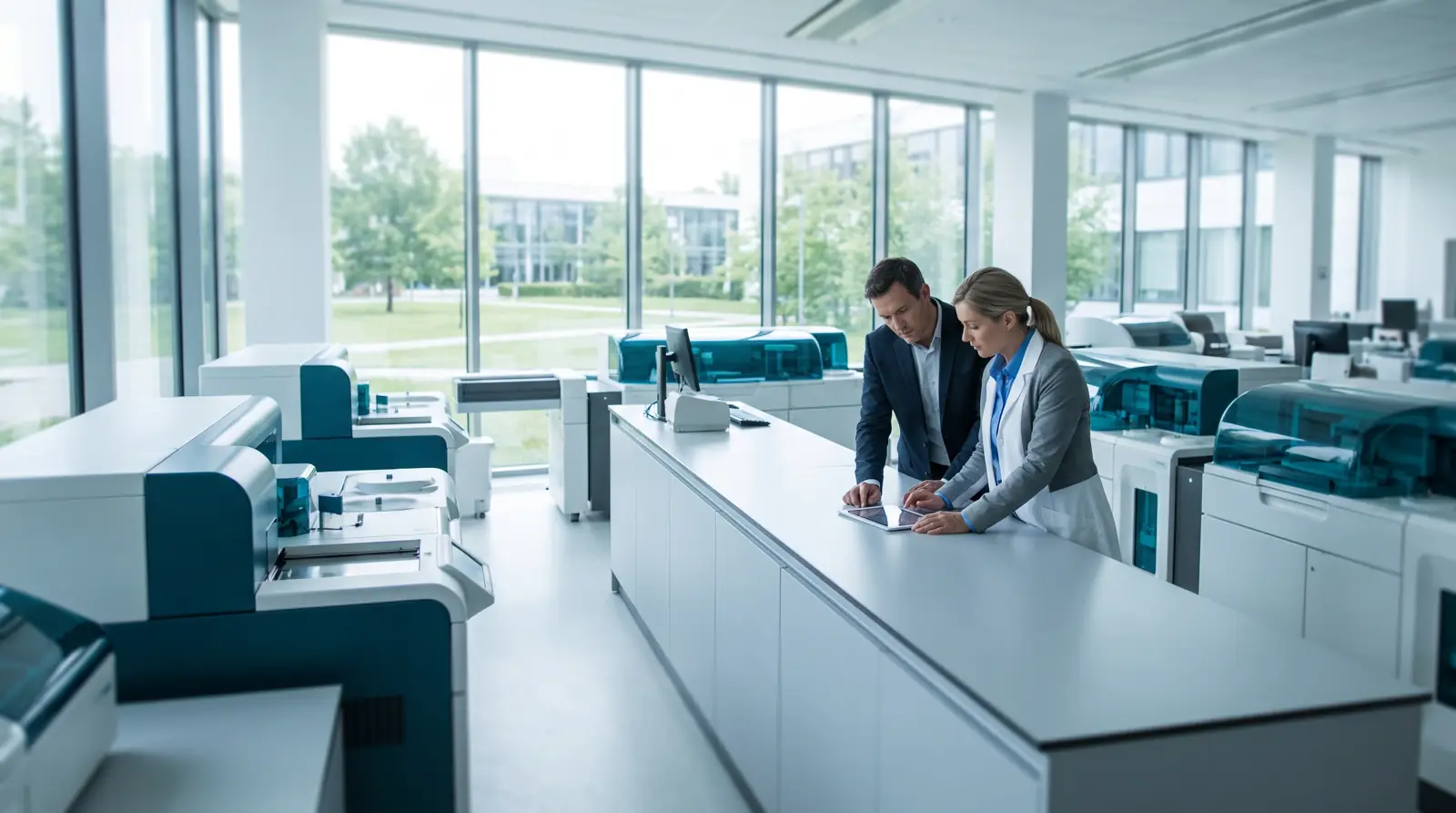 Two colleagues reviewing work together in a modern diagnostics laboratory