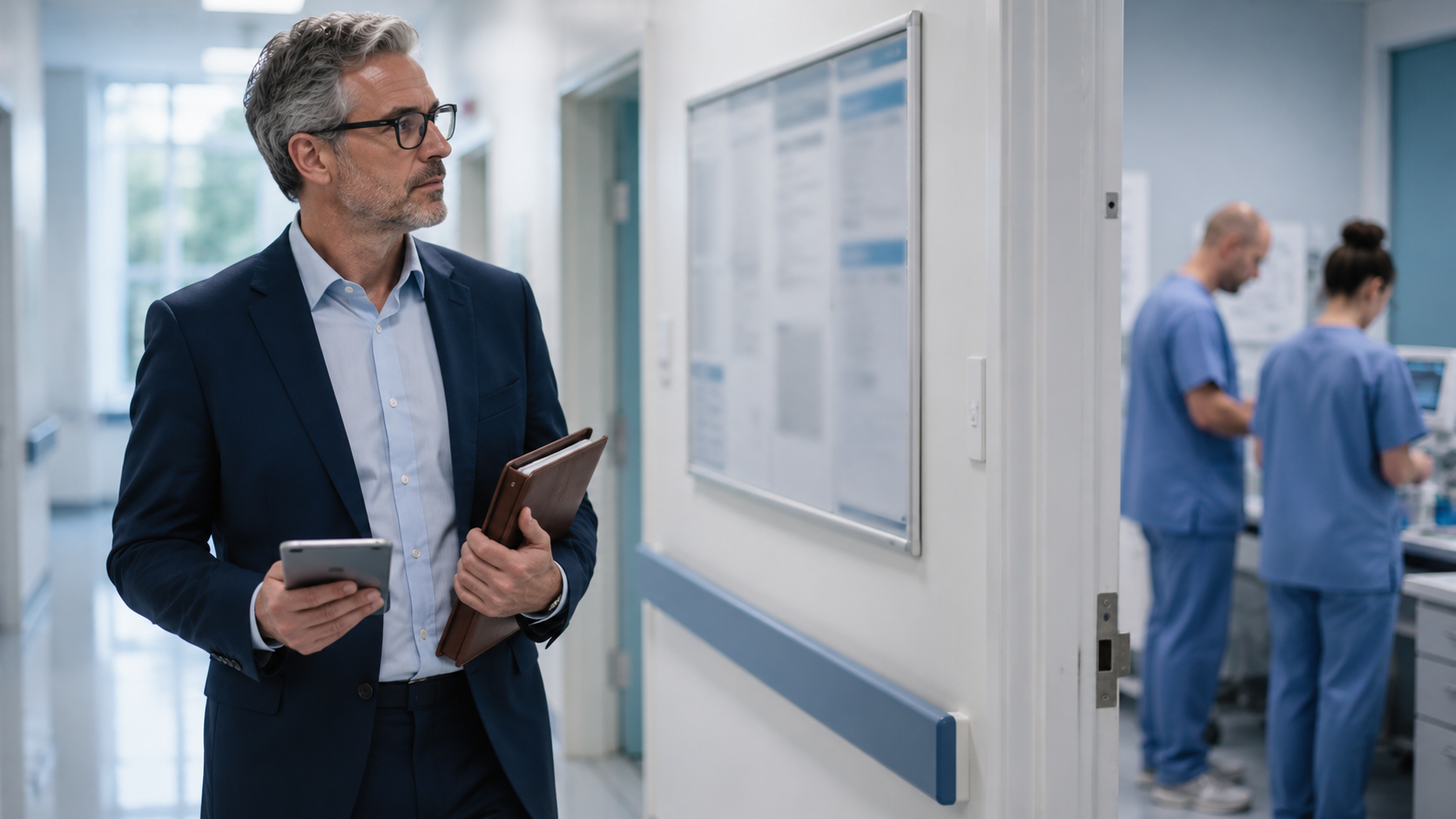 CQC inspector walking through an NHS clinical corridor with clipboard and tablet, reviewing a POCT service